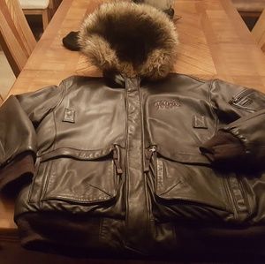 Brown Leather Winter coat with fur hood.